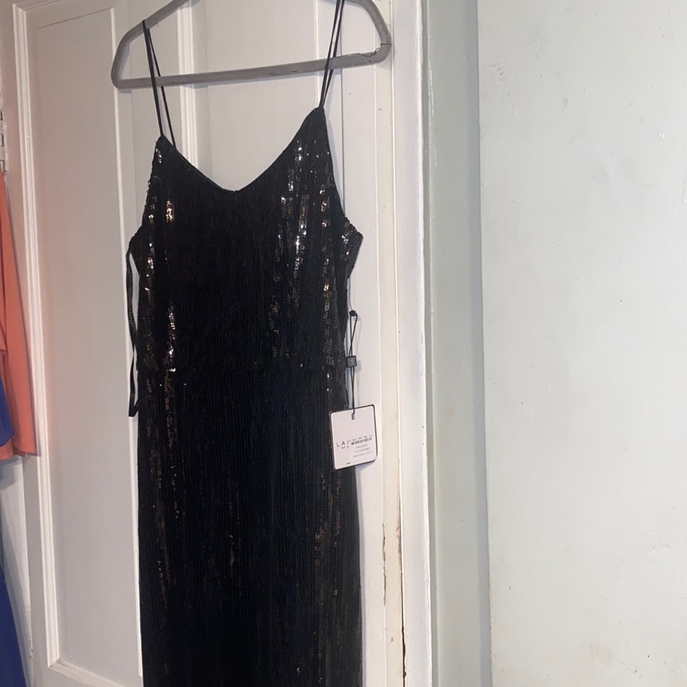 Gorgeous Black Sparkly Dress Spaghetti Straps and fringe bottom .